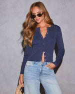 Navy % Hazeen Ribbed Front Button Top-1