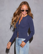 Navy % Hazeen Ribbed Front Button Top-3