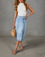 Vintage Wash % Class Act Denim Wrap Midi Skirt-5