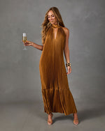 Cocktail Calling Satin Halter Mock Neck Maxi Dress