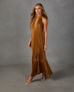 Cocktail Calling Satin Halter Mock Neck Maxi Dress