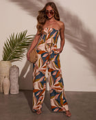 Brown Multi % Markey Abstract Strapless Jumpsuit-1