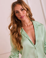 Green % Soft Morning Satin Button Down Top-