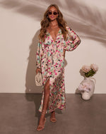 Cream Red Floral % Korina Satin Printed Kimono Empire Waist Maxi Dress-5