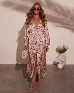 Cream Red Floral % Korina Satin Printed Kimono Empire Waist Maxi Dress-6