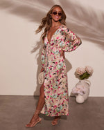 Cream Red Floral % Korina Satin Printed Kimono Empire Waist Maxi Dress-3