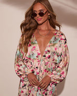 Cream Red Floral % Korina Satin Printed Kimono Empire Waist Maxi Dress-2