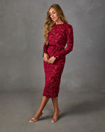 Invitation Pending Belted Floral Velvet Lace Cut Out Midi Dress