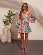 Slow Tide Striped Color Block Wrap Tie Mini Shirt Dress