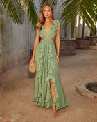 Green % Soleil Cutout Ruffle Maxi Dress-1
