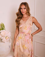 Soft Rise Wrap Floral Satin Lace Midi Dress