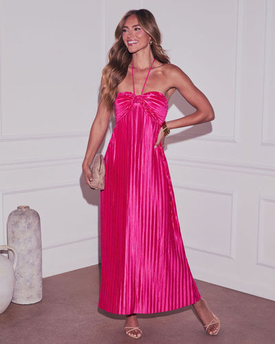 Raise A Toast Satin Plisse Halter Maxi Dress in Fuchsia - Size Medium, Vici Raise A Toast Satin Plisse Halter Maxi Dress in Fuchsia - Size Medium, Vici