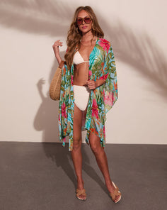 Arellie Tropical Floral Waist Tie Cover Up Top