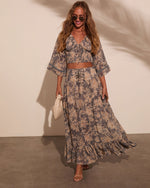 Blue Floral % Moonlit Bloom Lace Up Maxi Skirt-5