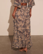 Blue Floral % Moonlit Bloom Lace Up Maxi Skirt-4