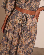 Blue Floral % Moonlit Bloom Lace Up Maxi Skirt-6