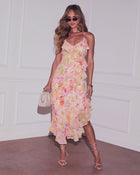 Orange Multi % Garden Bliss Floral Tiered Midi Dress-1