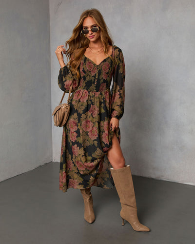 Mekia Printed Smocked Maxi Dress Black Floral / XS