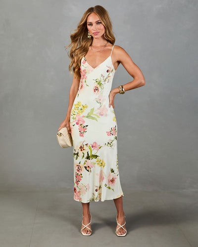Tropical Theory Satin Floral Maxi Dress in Ivory Floral