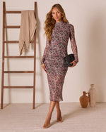 Black Floral % Emrick Mesh Mock Neck Midi Dress-1