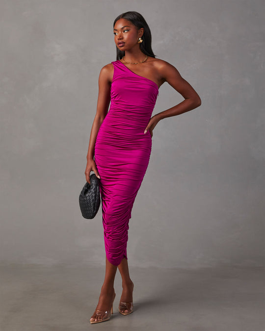 Pink % Ella One Shoulder Ruched Midi Dress-1