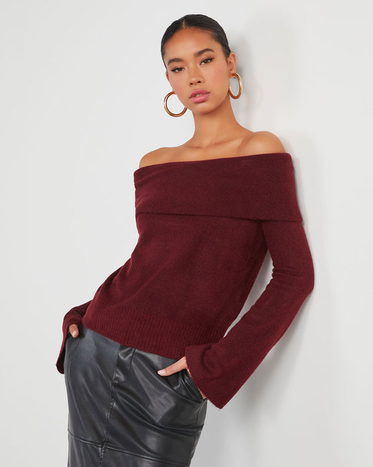 Burgundy % Dreamworld Off The Shoulder Pullover Sweater-1