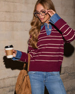 Wynn Knit Twofer Striped Denim Trim Polo Sweater
