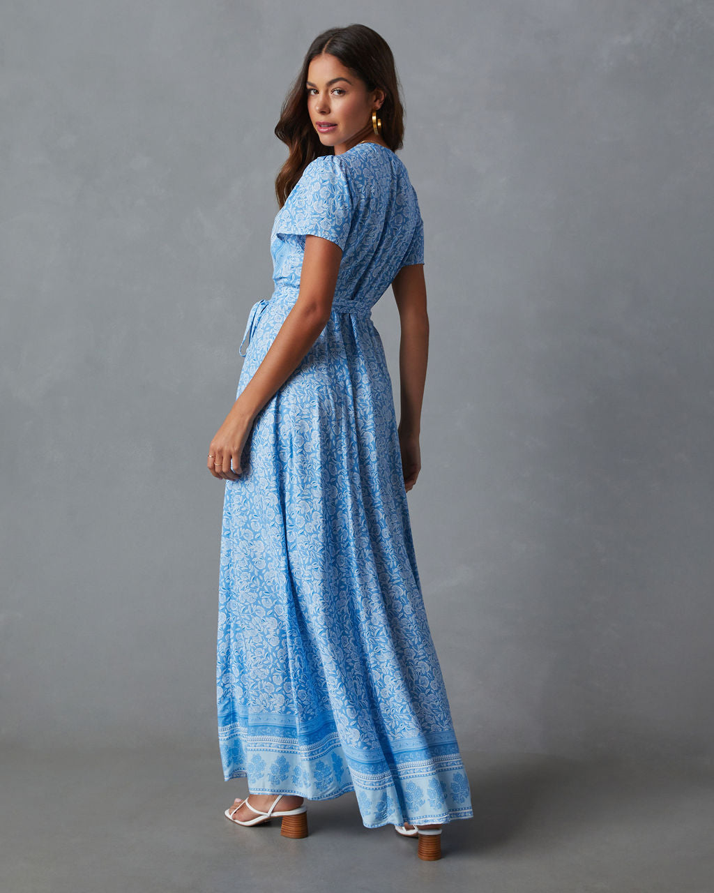 green emerald velvet dress Mae Printed Short Sleeve Wrap Maxi Dress – VICI