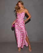 Ivory/Fuchsia % Estella Cowl Neck Tie Waist Printed Maxi Dress-4