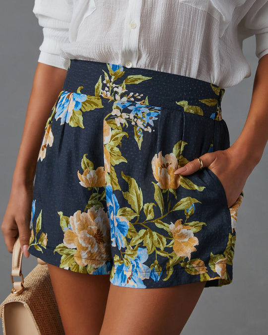 Blue Multi % Eden Pocketed Floral High Waist Shorts-3