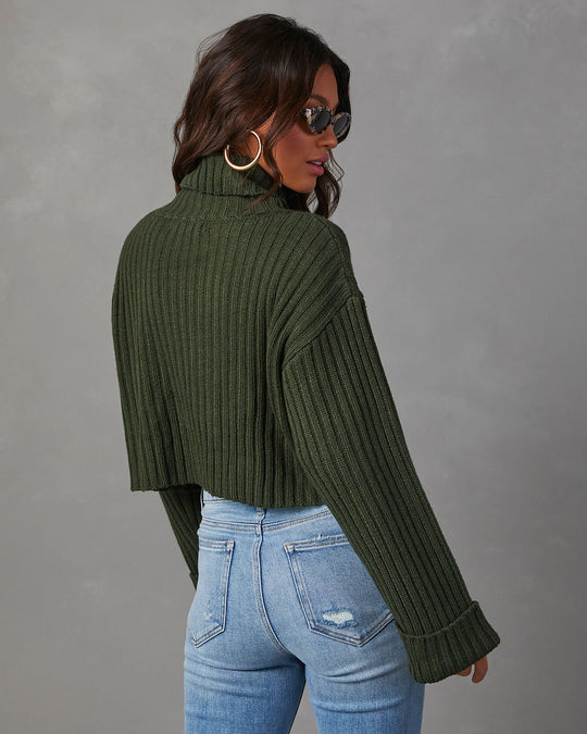 Hunter Green % Arielle Ribbed Knit Turtleneck Crop Sweater-4