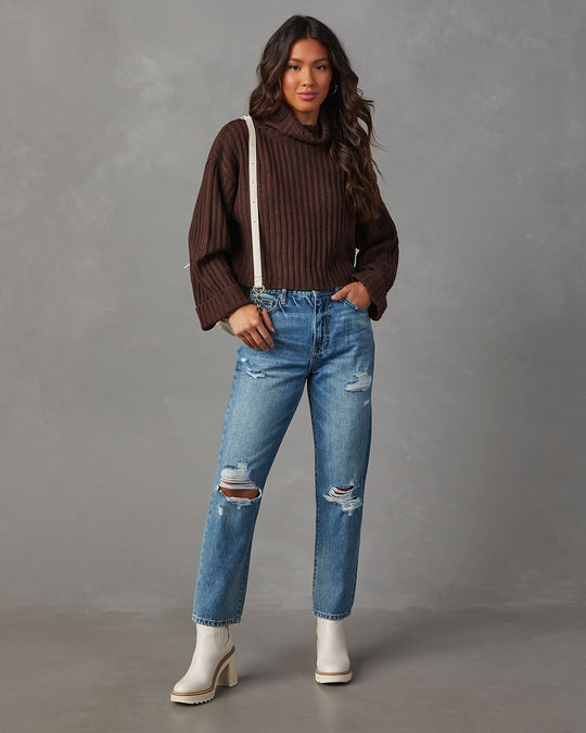 Chocolate % Arielle Ribbed Knit Turtleneck Crop Sweater-1