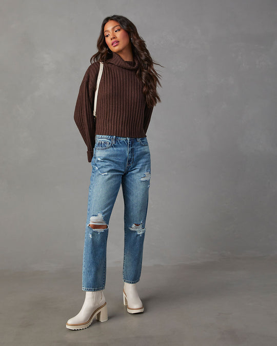 Chocolate % Arielle Ribbed Knit Turtleneck Crop Sweater-2