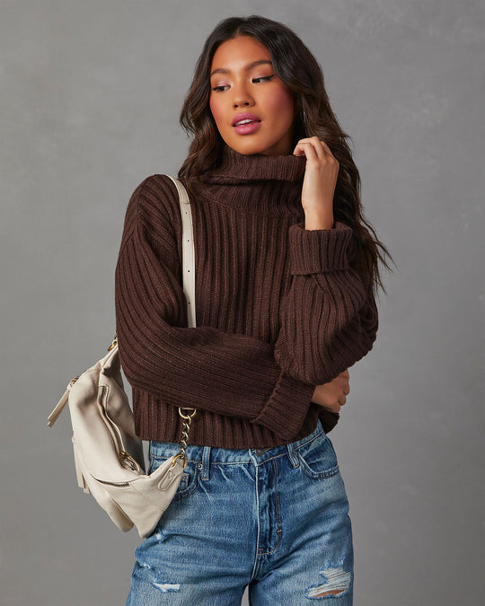 Chocolate % Arielle Ribbed Knit Turtleneck Crop Sweater-3