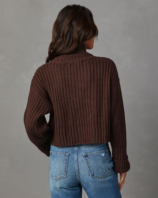 Chocolate % Arielle Ribbed Knit Turtleneck Crop Sweater-5