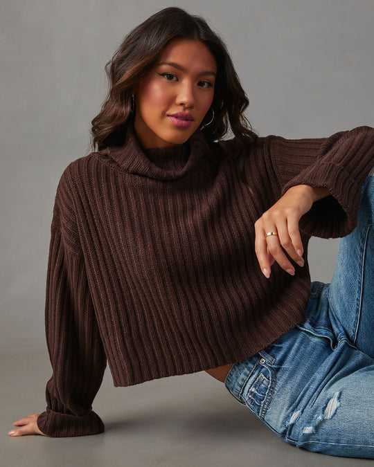 Chocolate % Arielle Ribbed Knit Turtleneck Crop Sweater-6