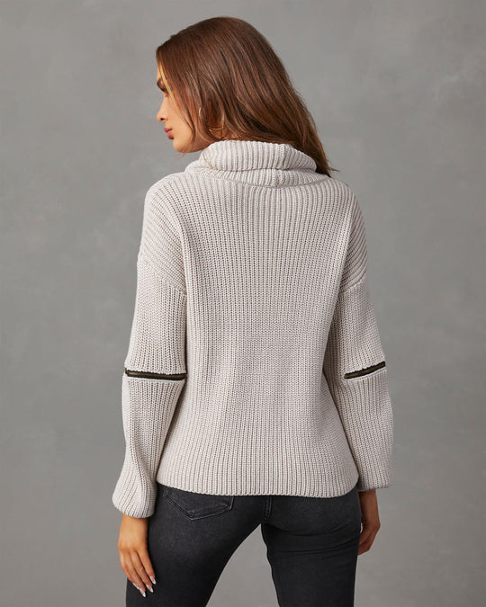 White % Shoreditch Cotton Blend Zip Sleeve Knit Sweater-4