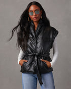 Black %  Rubio Belted Faux Leather Puffer Vest-1