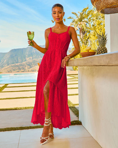 eyelet dress red Glow Together Corset Cotton Eyelet Maxi Dress in White
