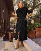 Black % Frederica Pocketed Faux Fur Collar Coat-1