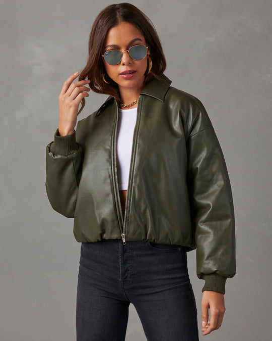 Green %  Miles Collared Faux Leather Bomber Jacket-1