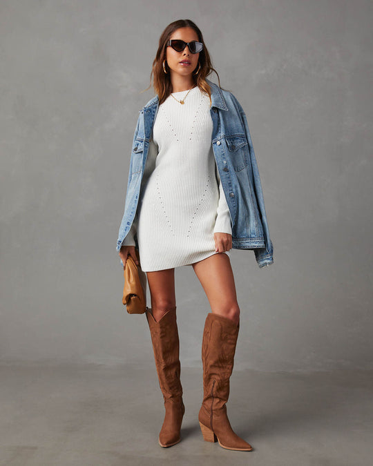 White % Getting Cozy Knit Sweater Dress-2