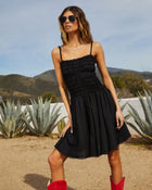 Black % Rosetta Smocked Frayed Hem Mini Dress-2Black % Rosetta Smocked Frayed Hem Mini Dress-1