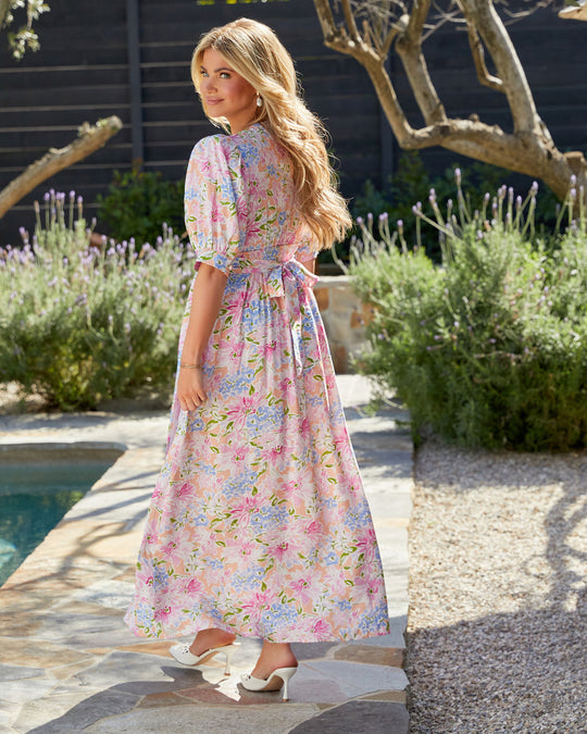 Pink Multi % Garden Gala Puff Sleeve Floral Maxi Dress-2