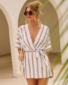 Ivory/Beige % Lissandra Striped Belted Romper-5