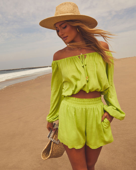 Lime Green % Elysia Off The Shoulder Long Sleeve Crop Top-1