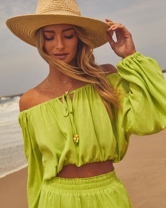 Lime Green % Elysia Off The Shoulder Long Sleeve Crop Top-2