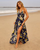 Navy/Multi % Beautiful Flowers Smocked Halter Maxi Dress-1