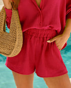Red % Fiji Cotton Pocketed High Rise Shorts-1