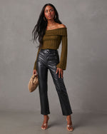 Dark Green % Daphne Off The Shoulder Ribbed Sweater-2